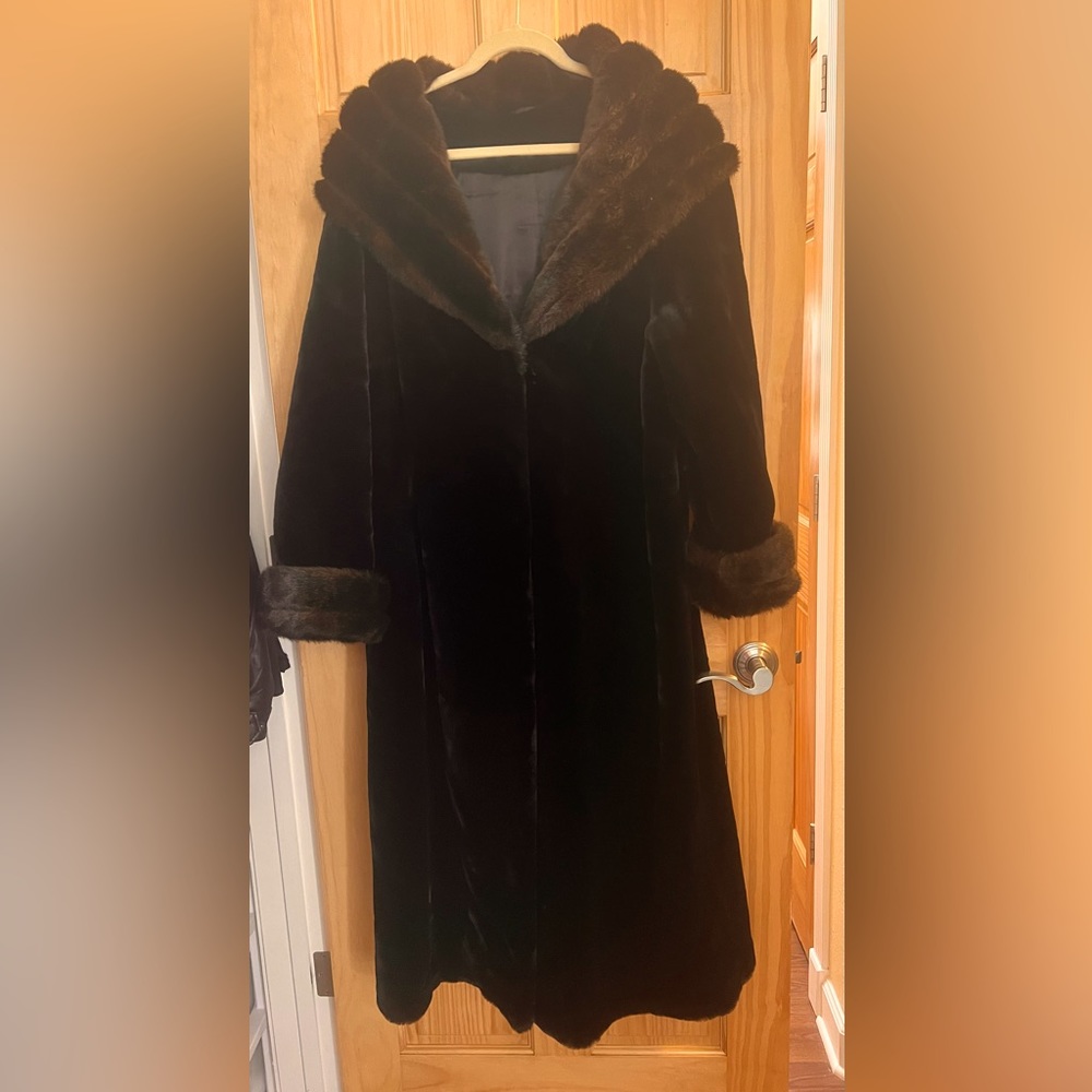 Black Long Coat with Brown Faux Fur Hood Collar and Cuffs